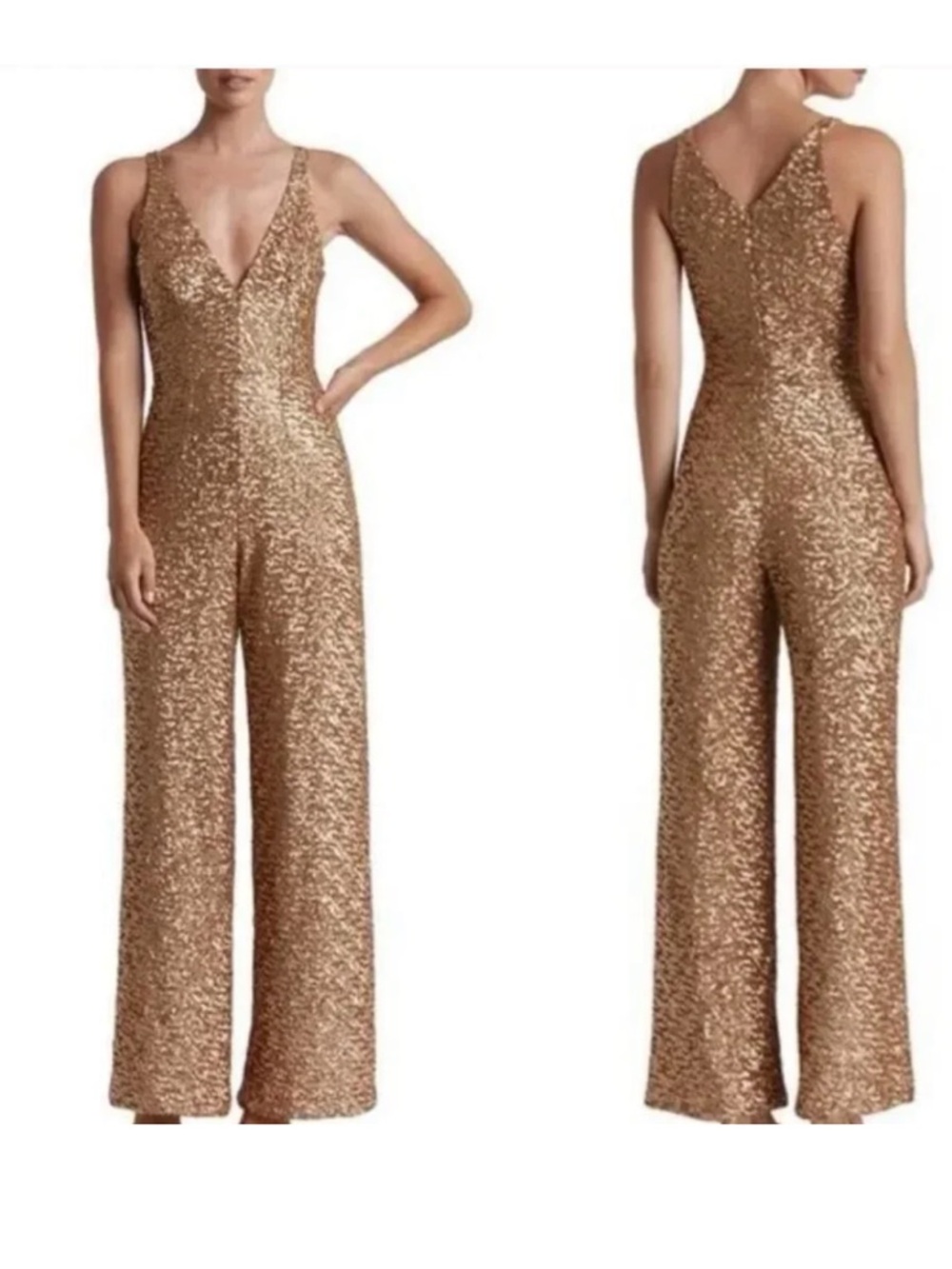 NWT DRESS THE POPULATION CHARLIE GOLD SEQUIN JUMPSUIT SIZE XS - Picture 2 of 11